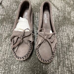 Minnetonka grey Suede Moccasins with Bow